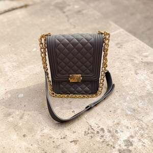 Quilted  Matte Jelly North South Crossbody Bag with Gold Chain